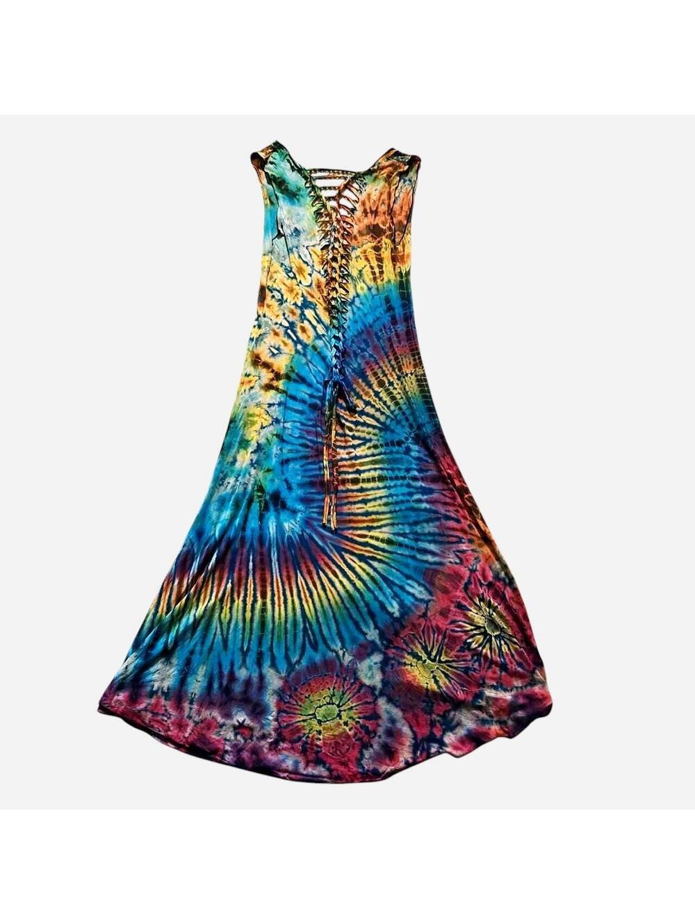 Bohochic Tie-Dye Rainbow Festival Maxi Dress with Braided Cutout Back